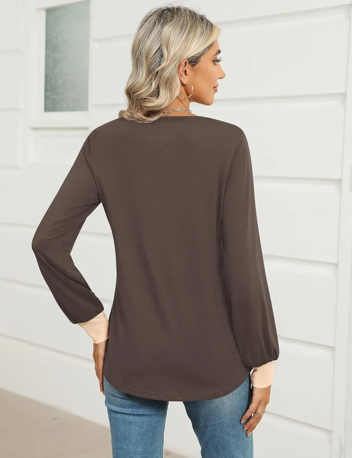 IECCP Women's V Neck Tunic Shirts Dressy Casual Color Block Tops Puff Long Sleeve Floral Blouses Relaxed Fit