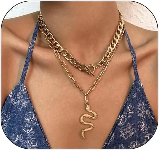 INENIMARTJ Chunky Snake Necklace Layered Gold Snake Pendant Necklaces Punk Vintage Cuban Chain Snake Jewelry