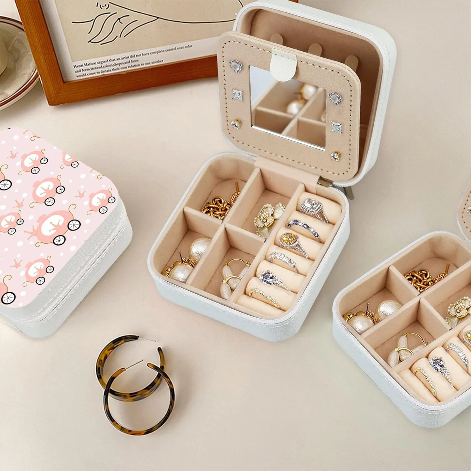 Jewelry Case Organizer Jewelry Box with mirror Princess Pink Carriage Summer Portable Travel Essentials Small Jewelry Ring Earring Case Gift for Girls Women PU Leather