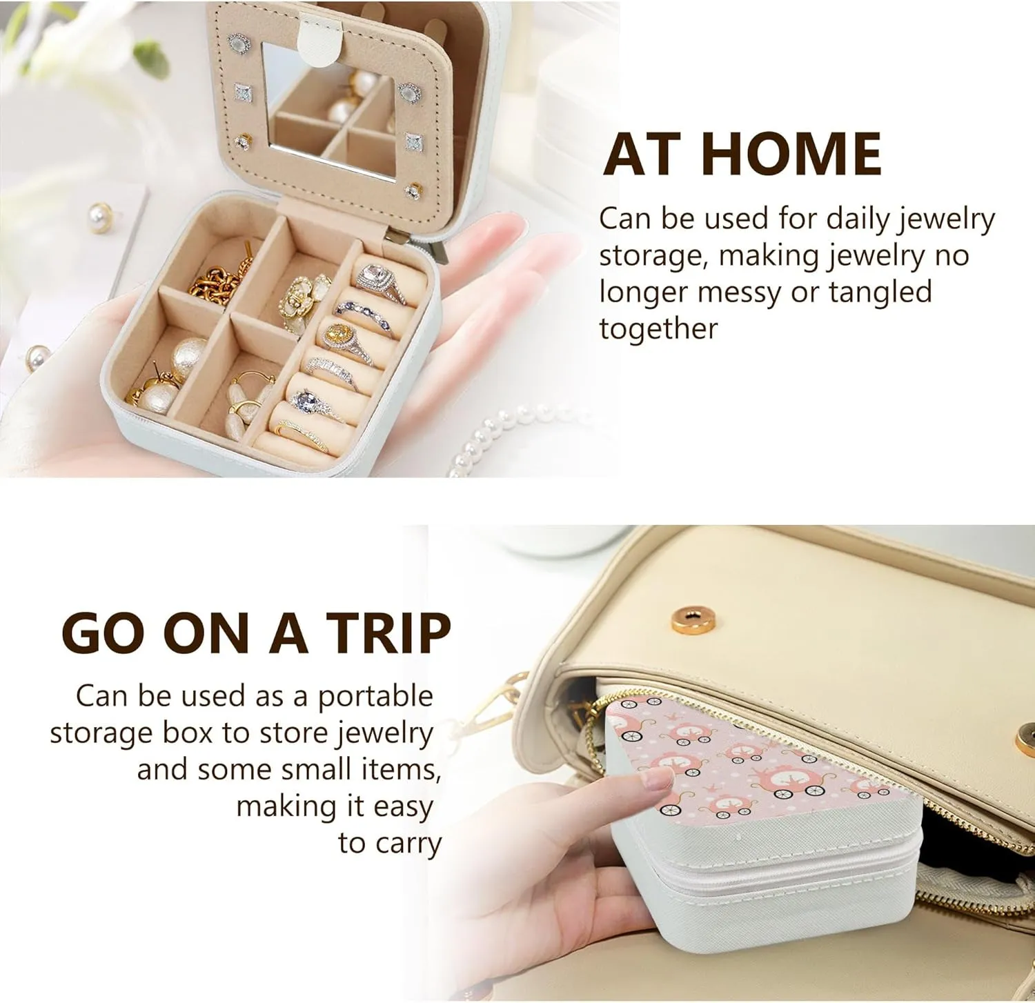 Jewelry Case Organizer Jewelry Box with mirror Princess Pink Carriage Summer Portable Travel Essentials Small Jewelry Ring Earring Case Gift for Girls Women PU Leather