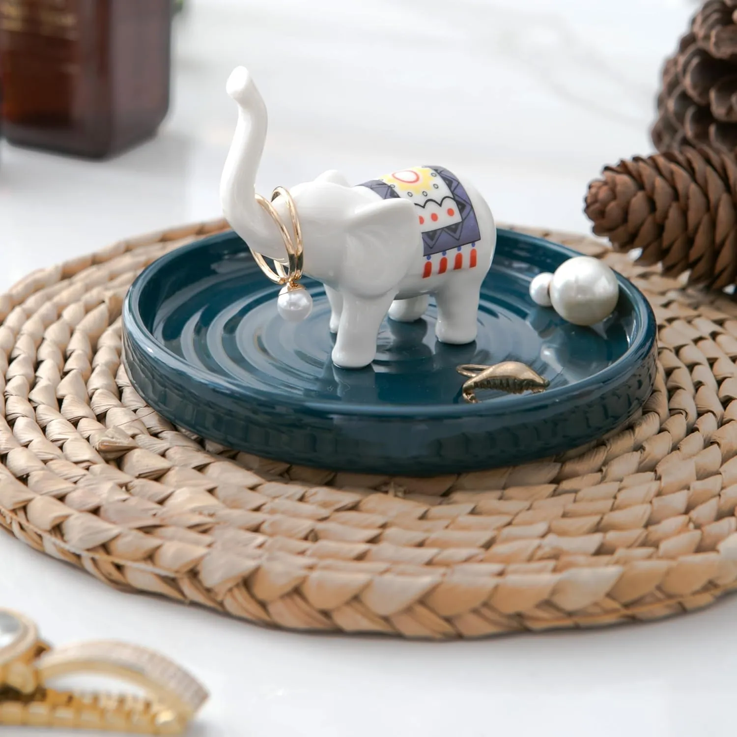 Jewelry Tray, Ceramic Trinket Dish, Elephant Ring Holder, Jewelry Tower Rack, Decorative Plate Jewelry Organizer. Anniversary Wedding Birthday Graduation Valentines Gift for Women Girlfriend Lovers