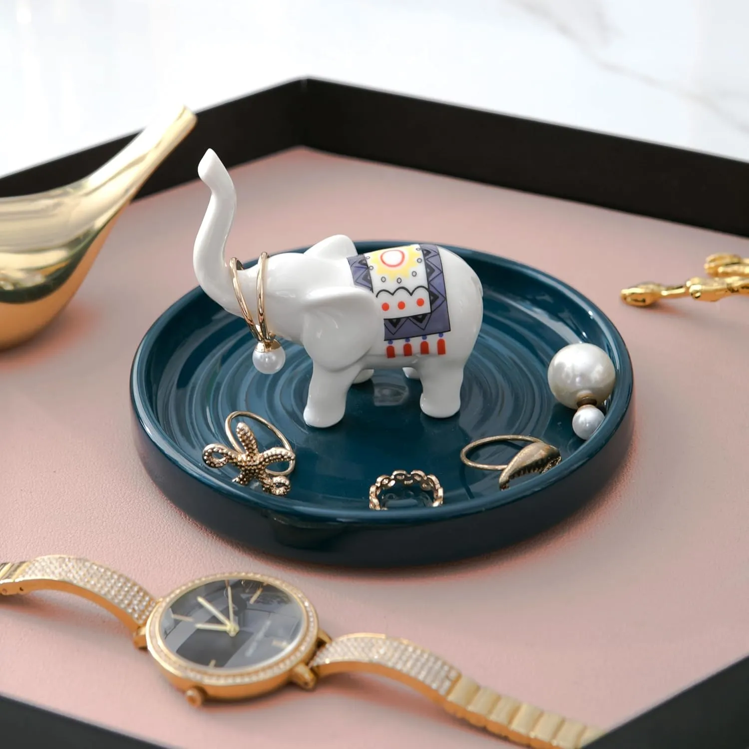 Jewelry Tray, Ceramic Trinket Dish, Elephant Ring Holder, Jewelry Tower Rack, Decorative Plate Jewelry Organizer. Anniversary Wedding Birthday Graduation Valentines Gift for Women Girlfriend Lovers