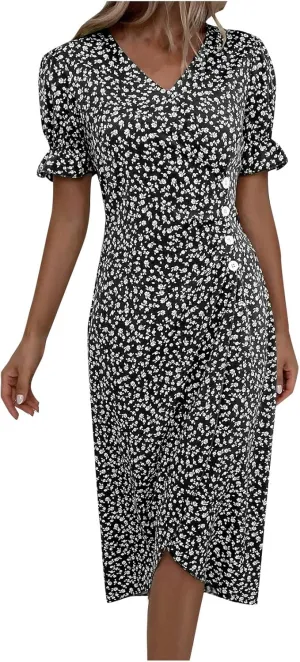 JJHAEVDY Dresses for Women 2024 Printed Short Sleeve Dress V Neck Ruffle Hem Dresses Summer Beach Dresses Elegant Midi Dress