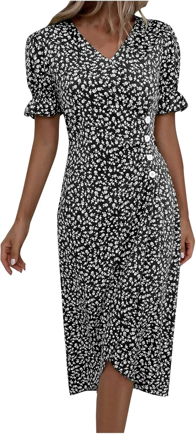 JJHAEVDY Dresses for Women 2024 Printed Short Sleeve Dress V Neck Ruffle Hem Dresses Summer Beach Dresses Elegant Midi Dress