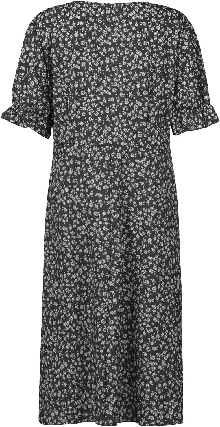 JJHAEVDY Dresses for Women 2024 Printed Short Sleeve Dress V Neck Ruffle Hem Dresses Summer Beach Dresses Elegant Midi Dress