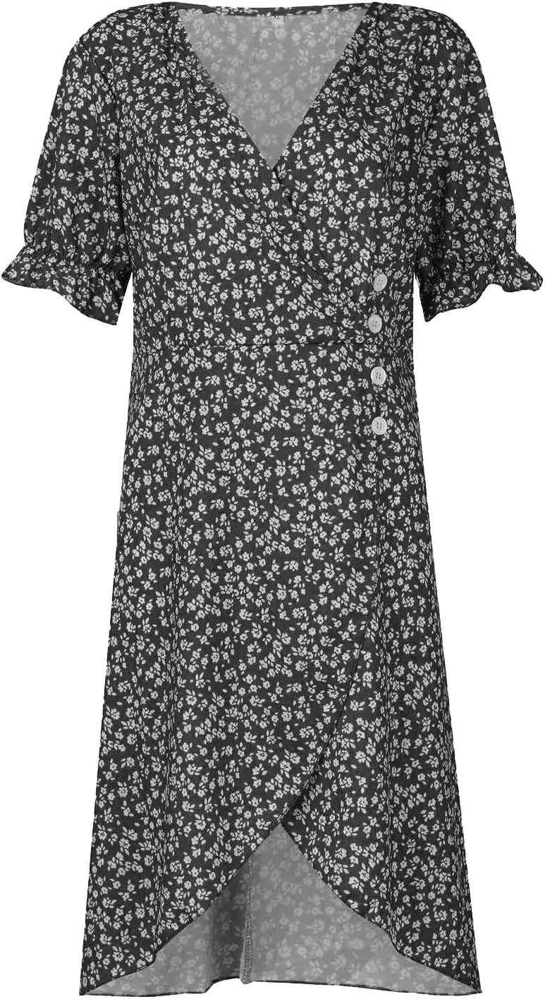 JJHAEVDY Dresses for Women 2024 Printed Short Sleeve Dress V Neck Ruffle Hem Dresses Summer Beach Dresses Elegant Midi Dress