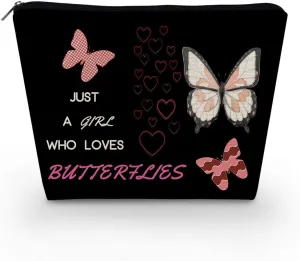 Just Love Butterflies Makeup Bag Black Cute Small Organizer Zipper Pouch Funny Butterfly Birthday Present for Butterfly Lovers Women Friends