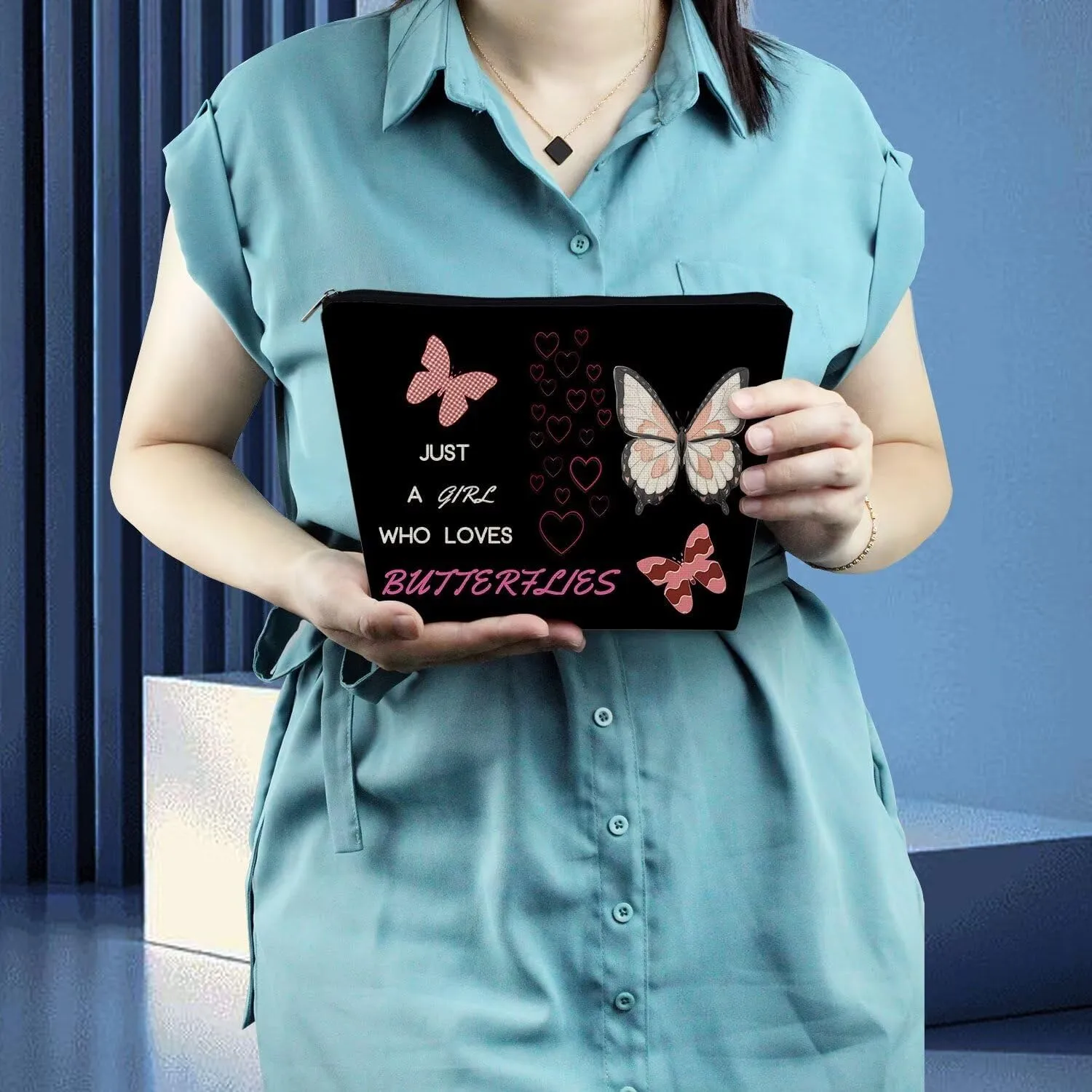 Just Love Butterflies Makeup Bag Black Cute Small Organizer Zipper Pouch Funny Butterfly Birthday Present for Butterfly Lovers Women Friends