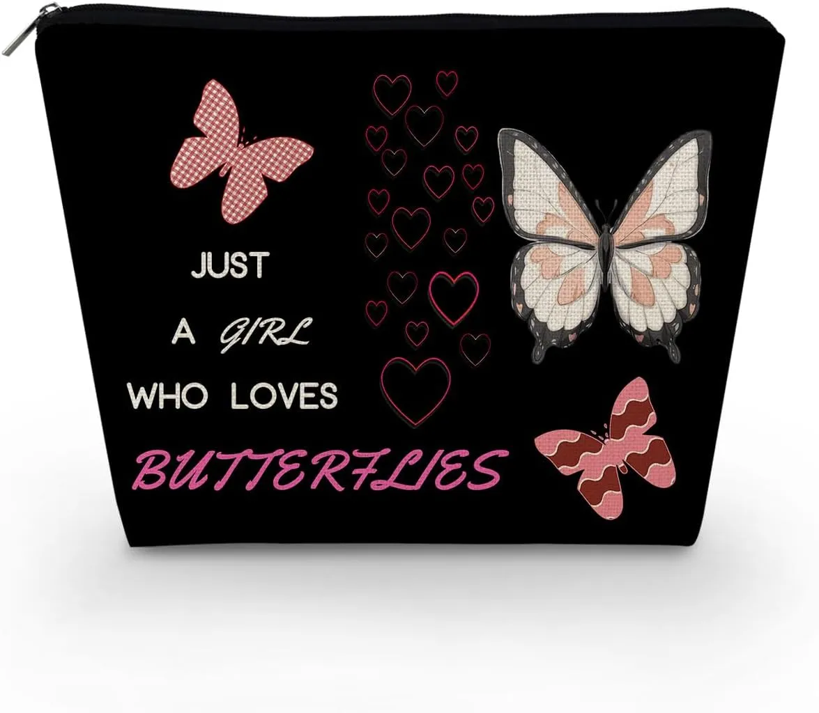 Just Love Butterflies Makeup Bag Black Cute Small Organizer Zipper Pouch Funny Butterfly Birthday Present for Butterfly Lovers Women Friends