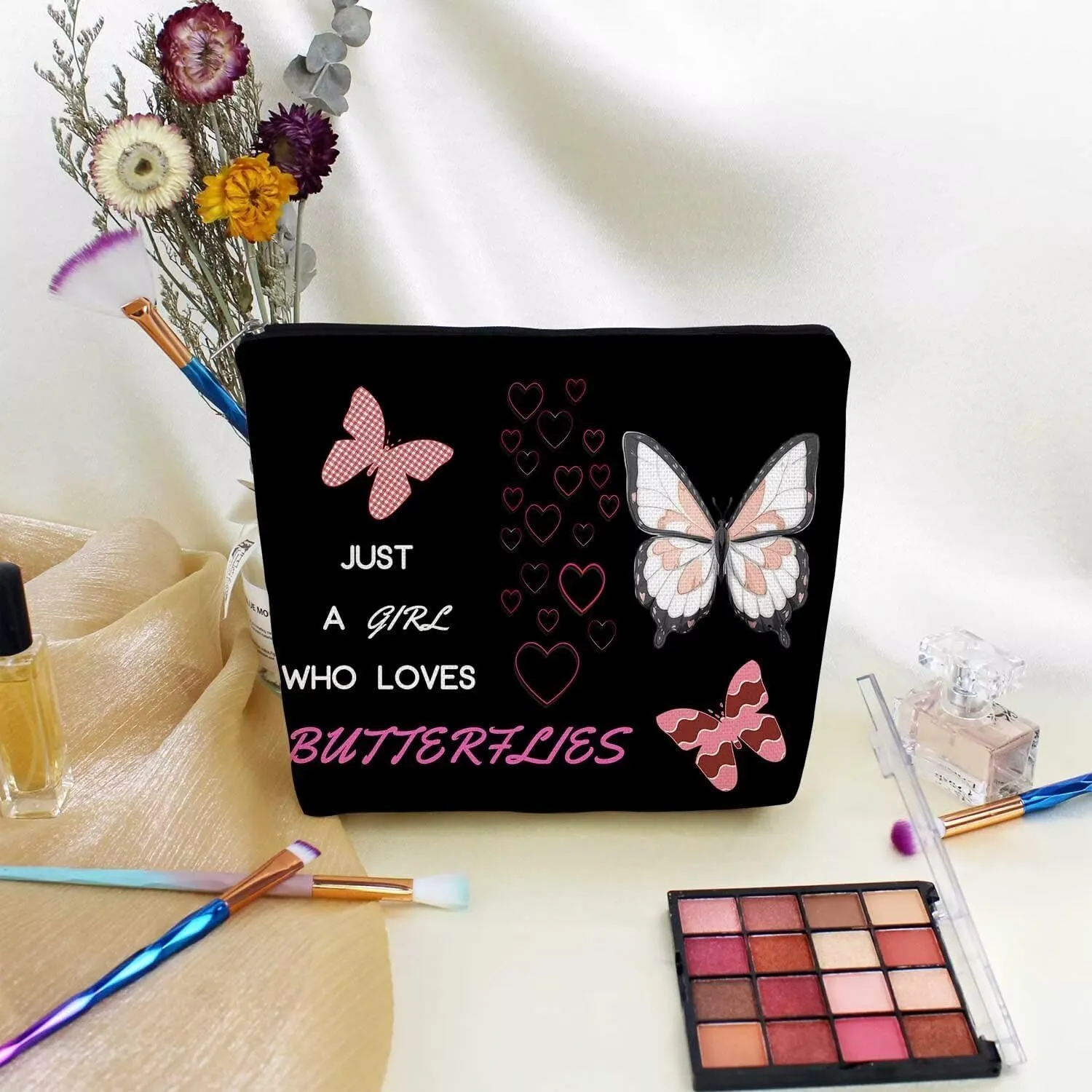 Just Love Butterflies Makeup Bag Black Cute Small Organizer Zipper Pouch Funny Butterfly Birthday Present for Butterfly Lovers Women Friends