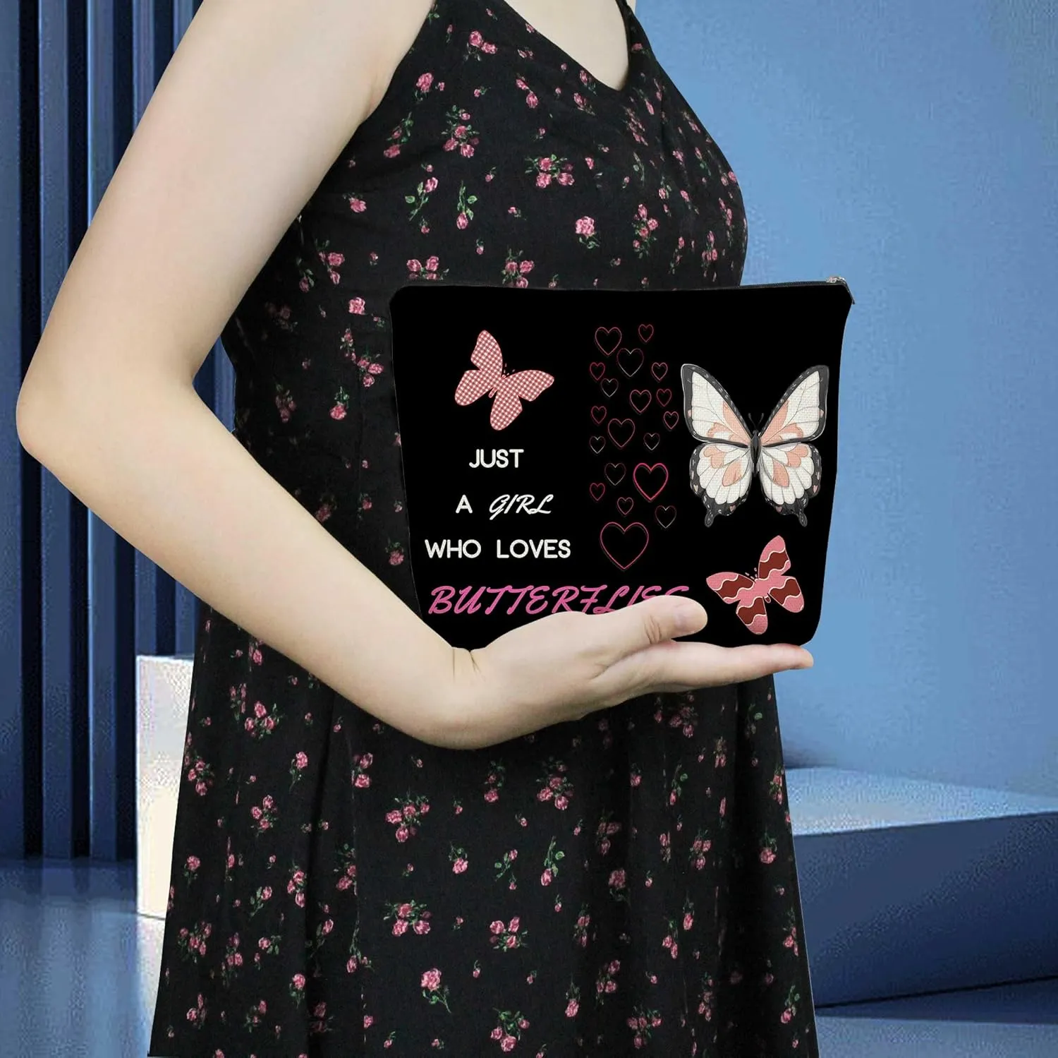 Just Love Butterflies Makeup Bag Black Cute Small Organizer Zipper Pouch Funny Butterfly Birthday Present for Butterfly Lovers Women Friends