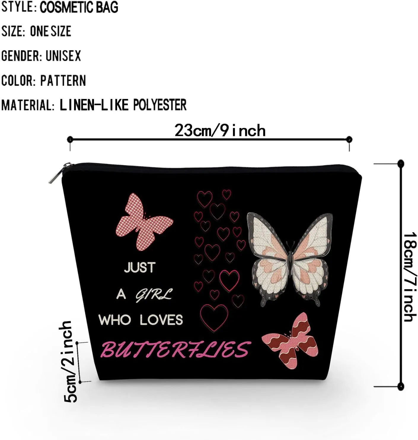 Just Love Butterflies Makeup Bag Black Cute Small Organizer Zipper Pouch Funny Butterfly Birthday Present for Butterfly Lovers Women Friends