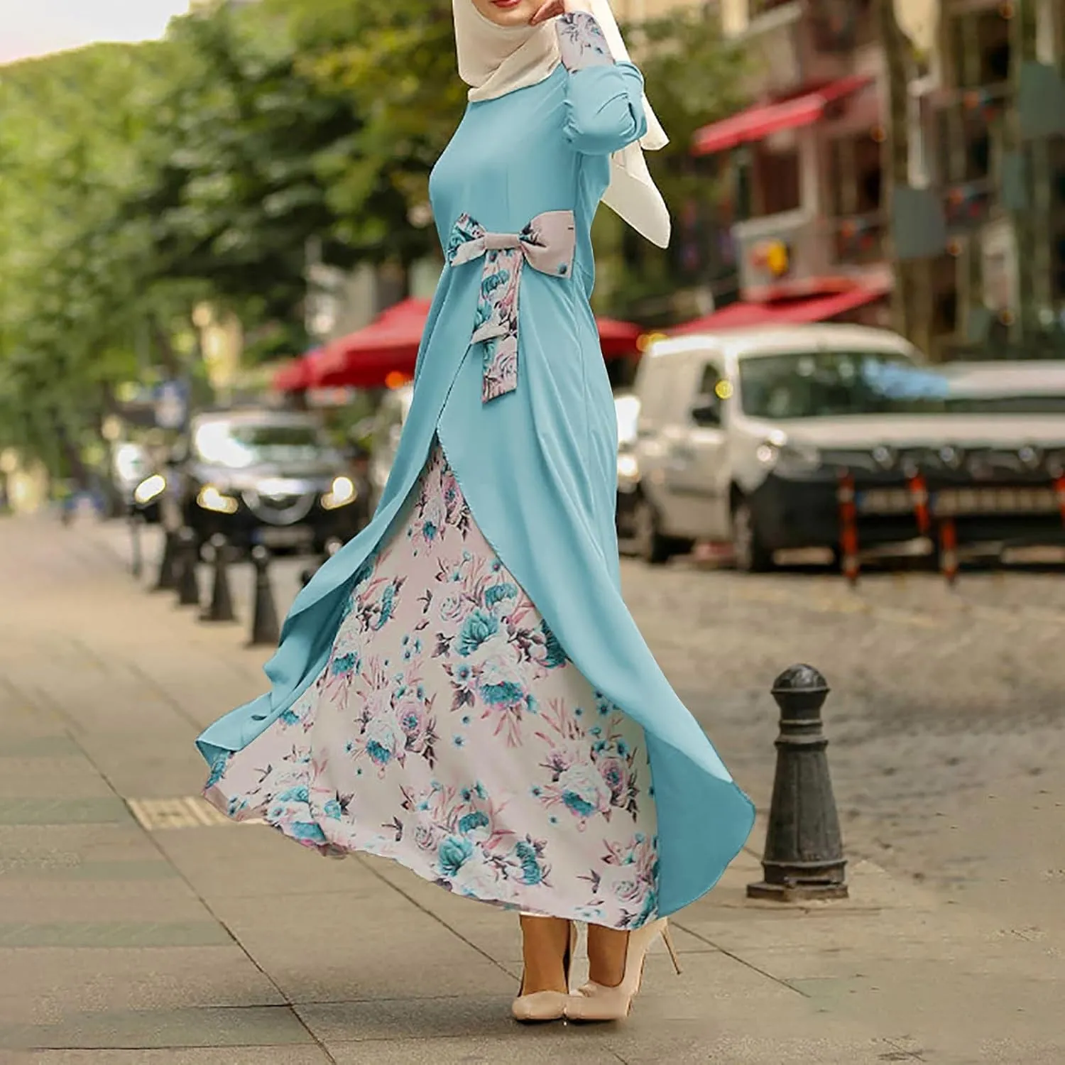 Kaftan Dresses for Women Floral Print Long Robe Ramadan Abaya Maxi Dress Long Sleeve Muslim Arabic Pakistani Clothes
