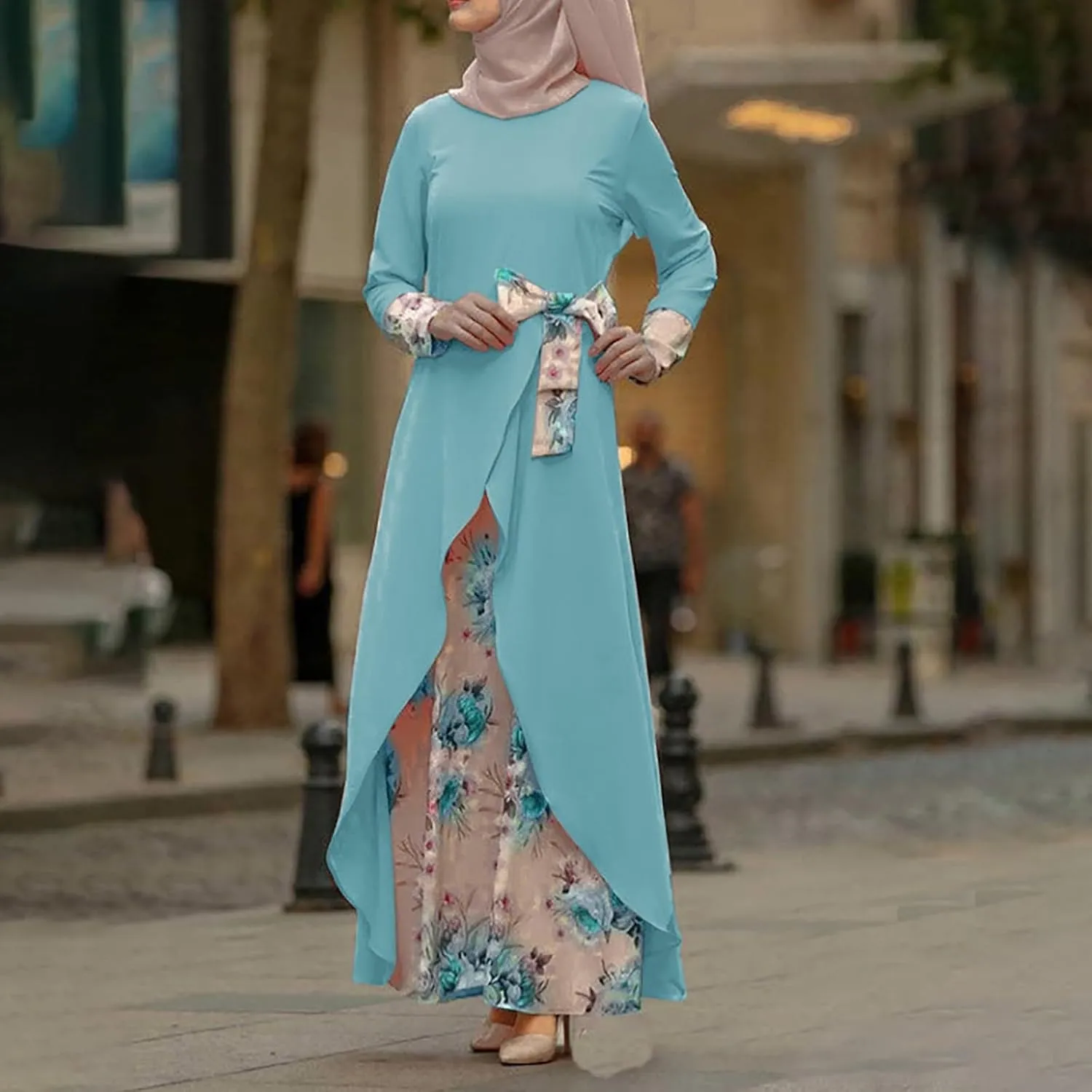 Kaftan Dresses for Women Floral Print Long Robe Ramadan Abaya Maxi Dress Long Sleeve Muslim Arabic Pakistani Clothes