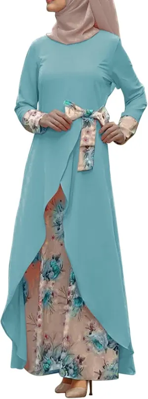 Kaftan Dresses for Women Floral Print Long Robe Ramadan Abaya Maxi Dress Long Sleeve Muslim Arabic Pakistani Clothes