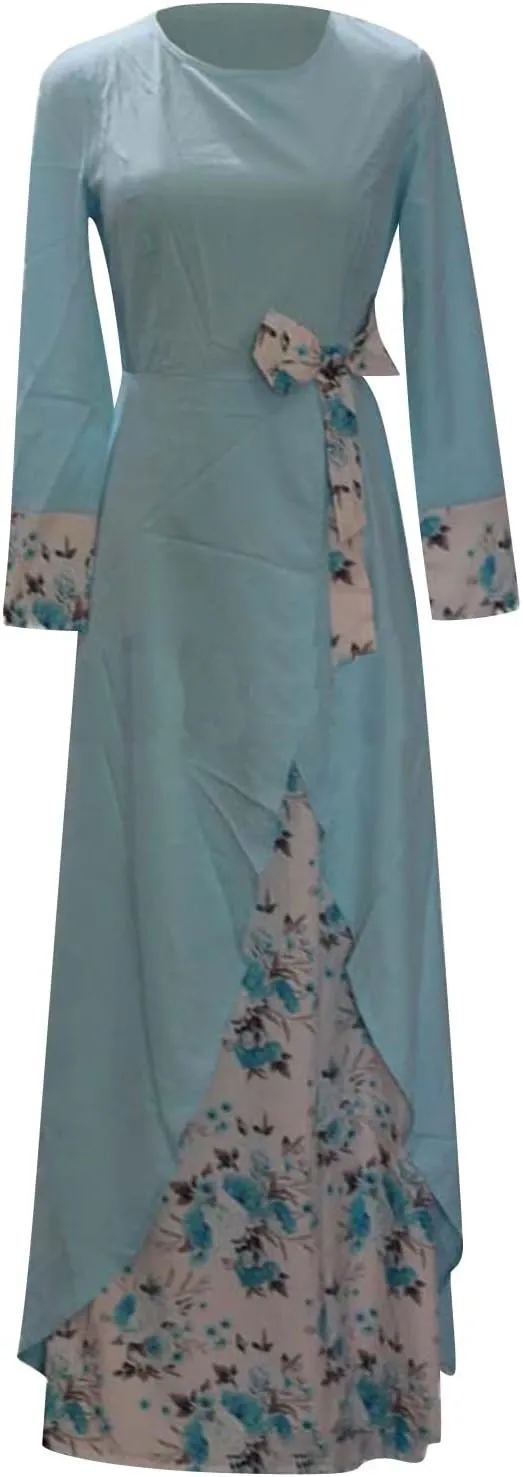 Kaftan Dresses for Women Floral Print Long Robe Ramadan Abaya Maxi Dress Long Sleeve Muslim Arabic Pakistani Clothes