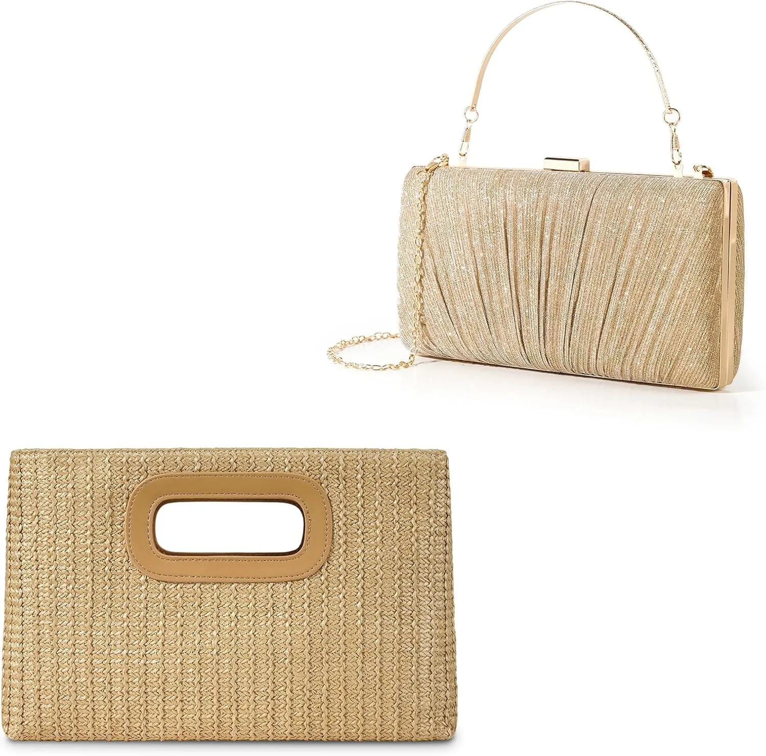 Khaki Top Handle Straw Clutch Handbags for Women with Gold Evening Clutch Purse