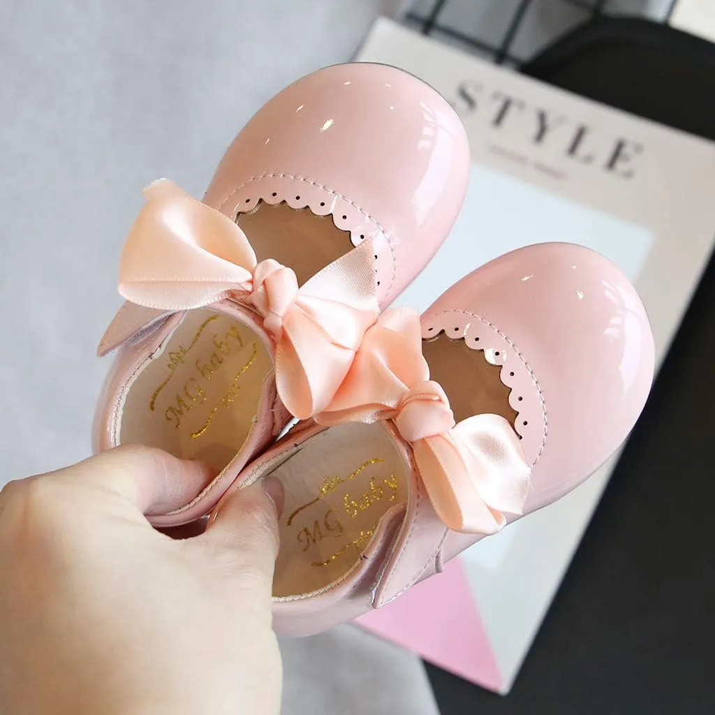 Kids Toddler Girls Leather Shoes Sandals Knot Princess Baby Shoes Round Toe Bow Soft Bottom Wedding Dress Flat Shoes