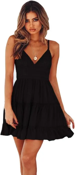 KIDSA Womens Slip Dresses Sexy V Neck Off Shoulder Mini Flared Crochet Backless Summer Sundresses Dress