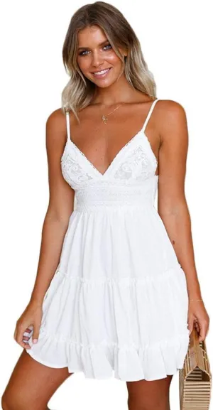 KIDSA Womens Slip Dresses Sexy V Neck Off Shoulder Mini Flared Crochet Backless Summer Sundresses Dress