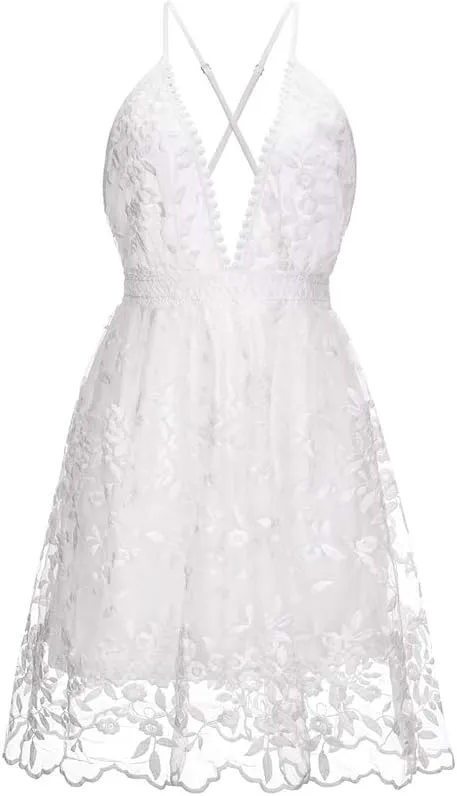 KIDSA Womens Slip Dresses Sexy V Neck Off Shoulder Mini Flared Crochet Backless Summer Sundresses Dress
