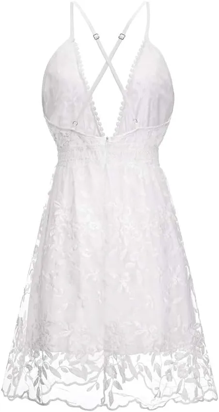 KIDSA Womens Slip Dresses Sexy V Neck Off Shoulder Mini Flared Crochet Backless Summer Sundresses Dress