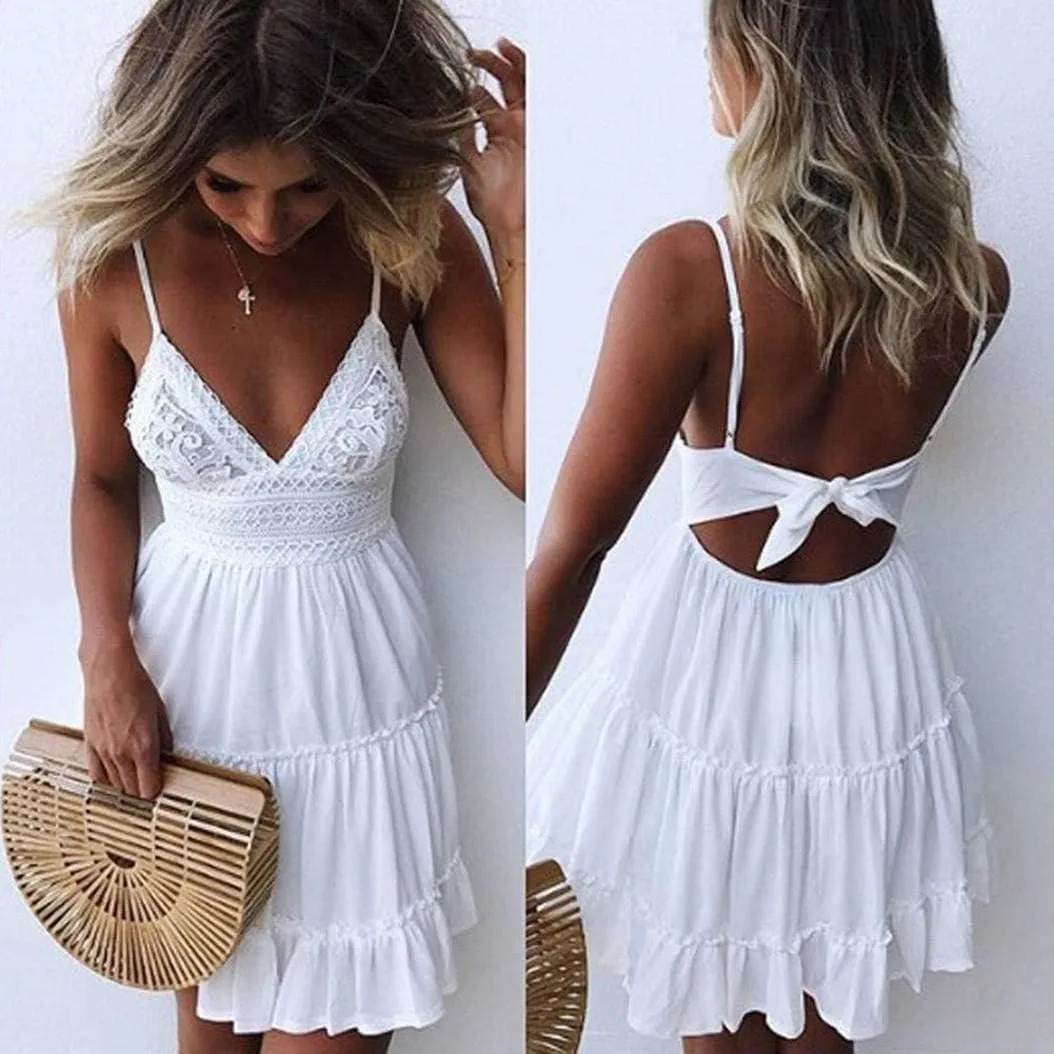 KIDSA Womens Slip Dresses Sexy V Neck Off Shoulder Mini Flared Crochet Backless Summer Sundresses Dress