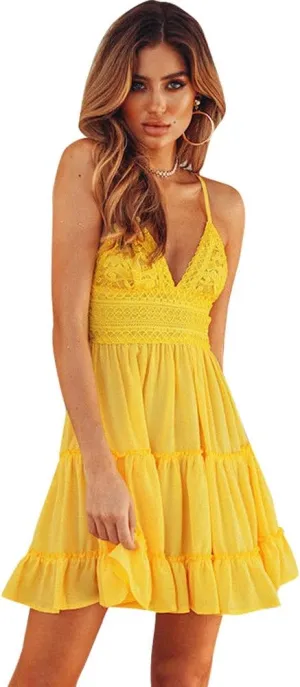 KIDSA Womens Slip Dresses Sexy V Neck Off Shoulder Mini Flared Crochet Backless Summer Sundresses Dress