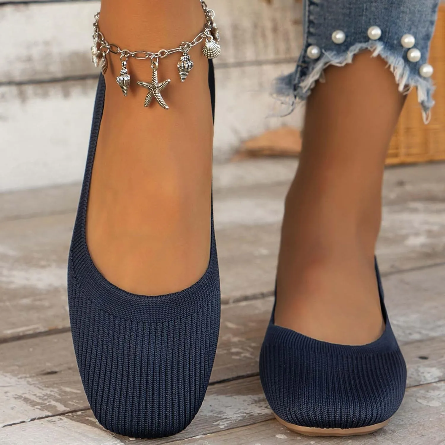 Ladies Fashion Solid Color Breathable Mesh Knitted Square Head Flat Bottom Casual Comfortable Dress Shoes for Women