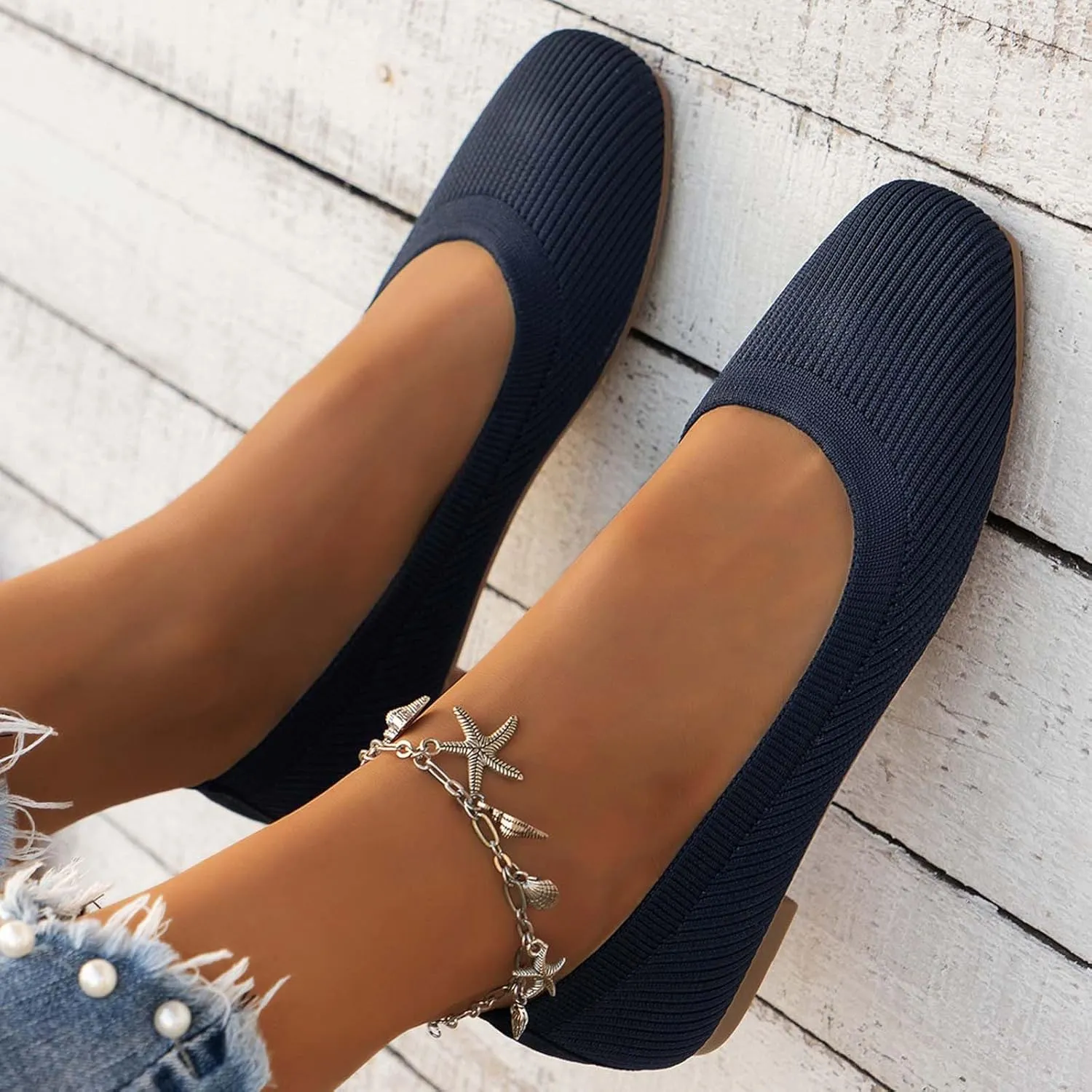 Ladies Fashion Solid Color Breathable Mesh Knitted Square Head Flat Bottom Casual Comfortable Dress Shoes for Women