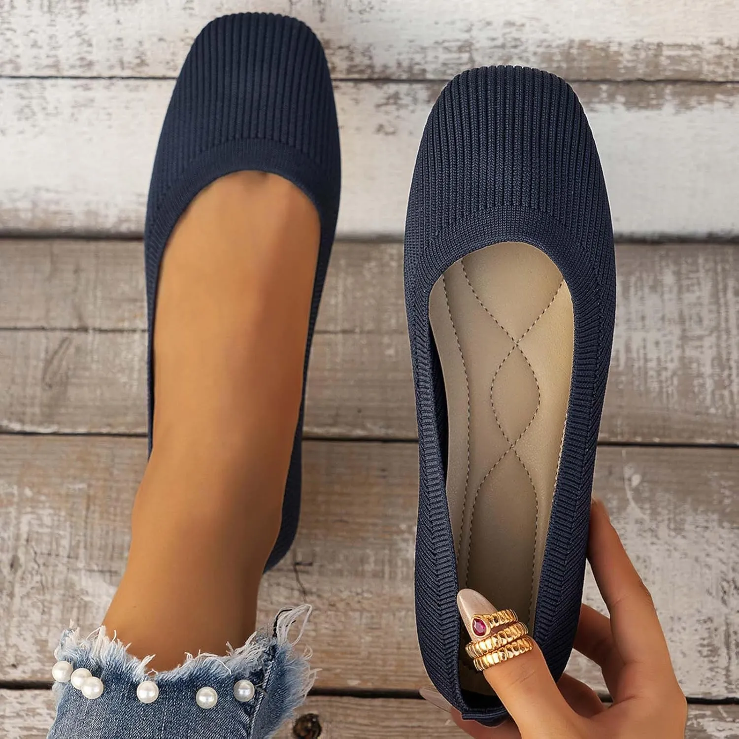 Ladies Fashion Solid Color Breathable Mesh Knitted Square Head Flat Bottom Casual Comfortable Dress Shoes for Women