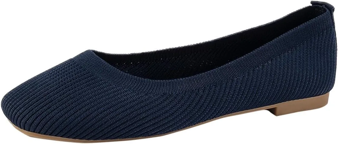 Ladies Fashion Solid Color Breathable Mesh Knitted Square Head Flat Bottom Casual Comfortable Dress Shoes for Women