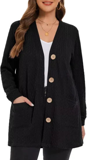 LARACE Open Front Cardigan for Women Cable Knit Sweater with Pockets Plus Size Long Sleeve Tops Button Down Winter Coat