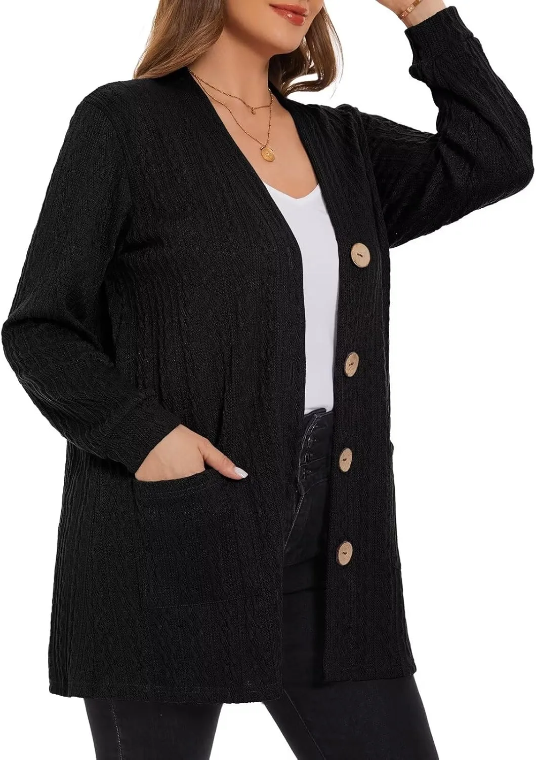 LARACE Open Front Cardigan for Women Cable Knit Sweater with Pockets Plus Size Long Sleeve Tops Button Down Winter Coat