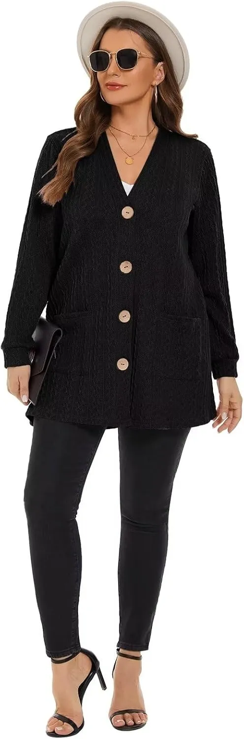 LARACE Open Front Cardigan for Women Cable Knit Sweater with Pockets Plus Size Long Sleeve Tops Button Down Winter Coat