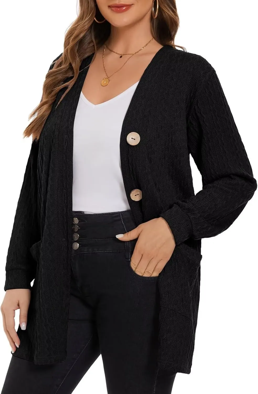 LARACE Open Front Cardigan for Women Cable Knit Sweater with Pockets Plus Size Long Sleeve Tops Button Down Winter Coat