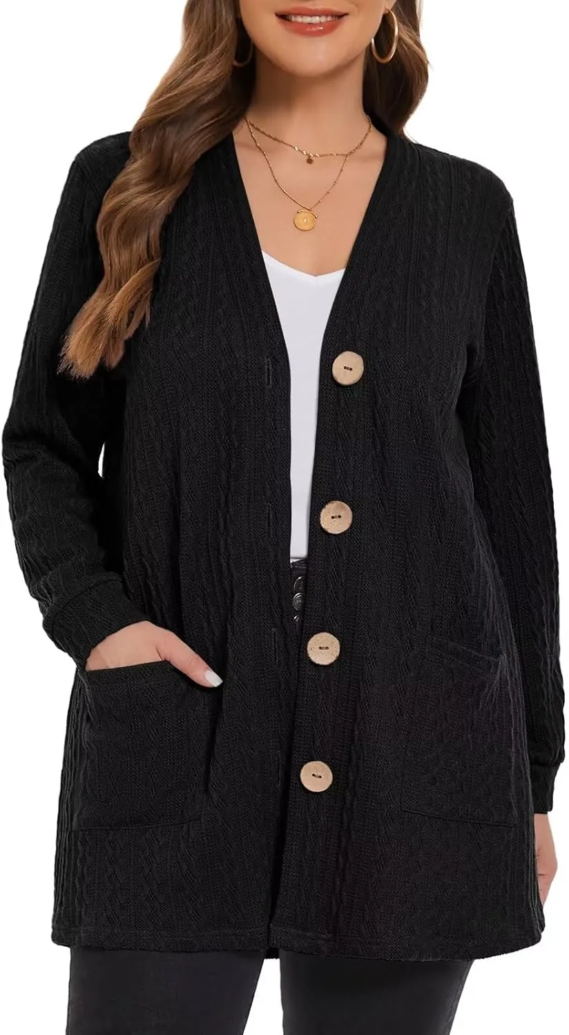 LARACE Open Front Cardigan for Women Cable Knit Sweater with Pockets Plus Size Long Sleeve Tops Button Down Winter Coat
