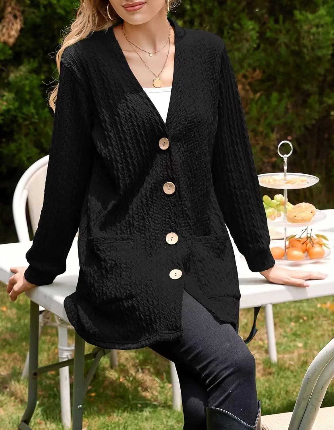 LARACE Open Front Cardigan for Women Cable Knit Sweater with Pockets Plus Size Long Sleeve Tops Button Down Winter Coat