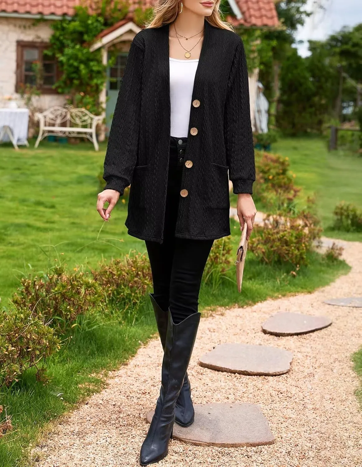LARACE Open Front Cardigan for Women Cable Knit Sweater with Pockets Plus Size Long Sleeve Tops Button Down Winter Coat