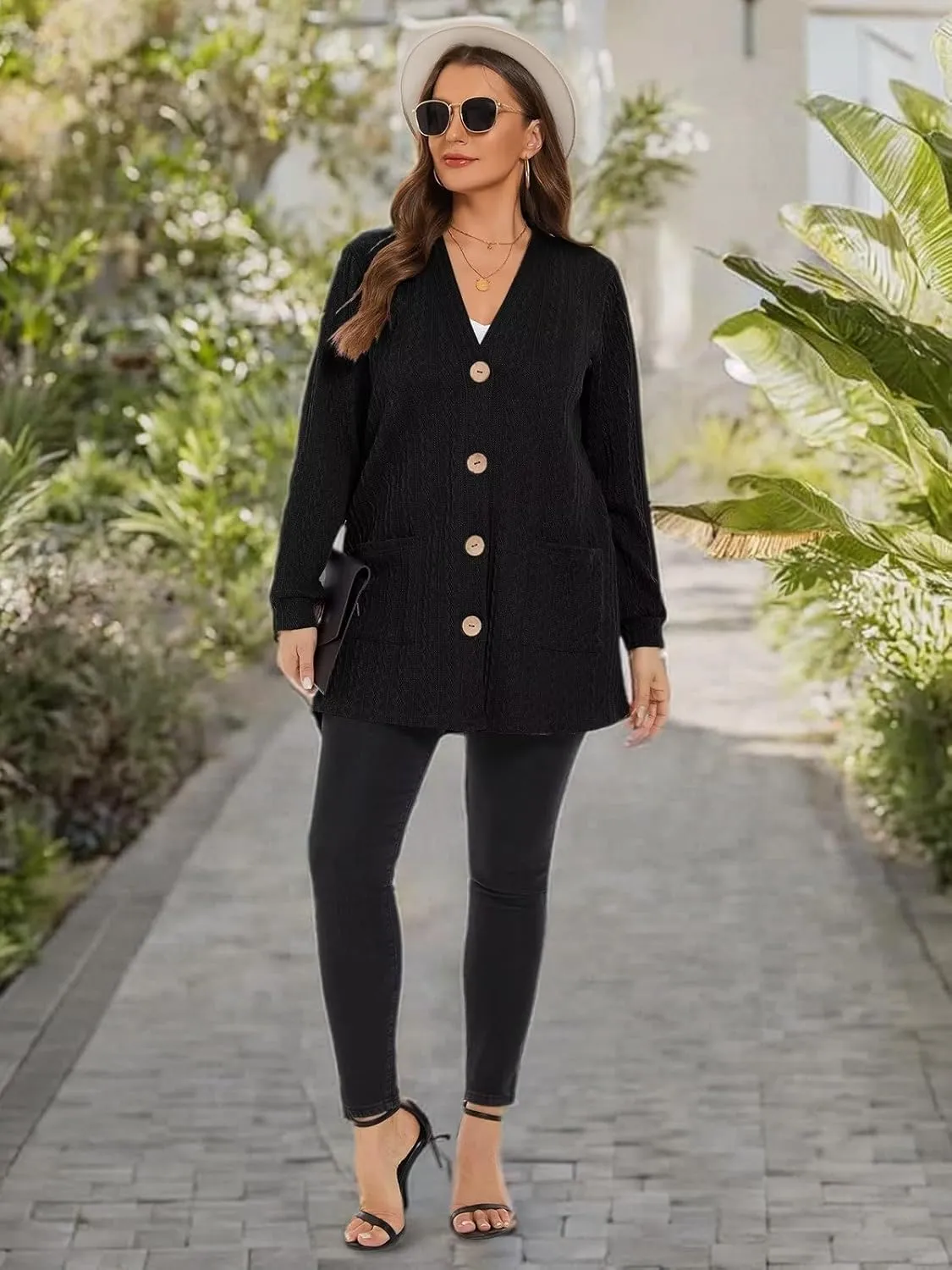 LARACE Open Front Cardigan for Women Cable Knit Sweater with Pockets Plus Size Long Sleeve Tops Button Down Winter Coat