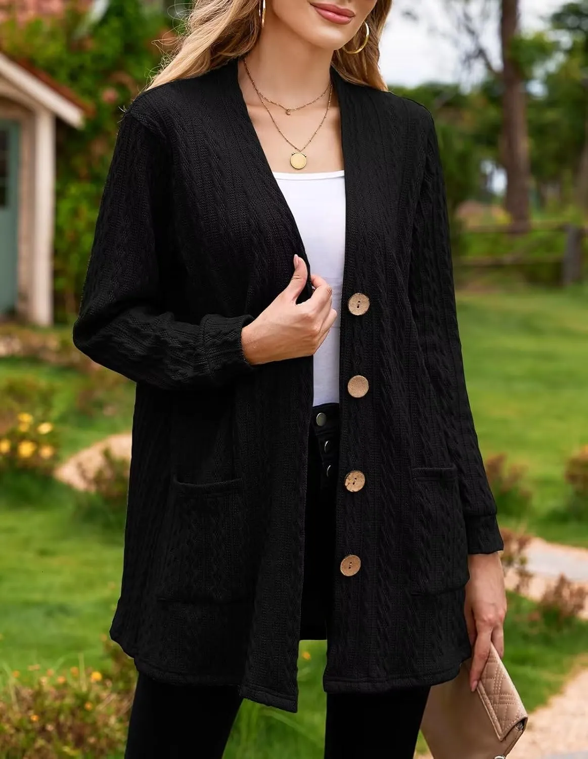 LARACE Open Front Cardigan for Women Cable Knit Sweater with Pockets Plus Size Long Sleeve Tops Button Down Winter Coat