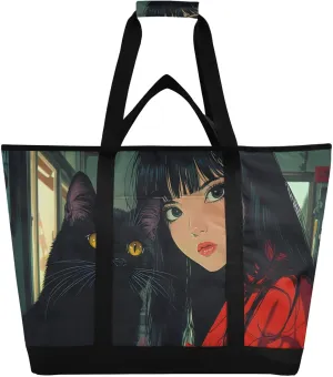 Large Insulated Tote Bag Cat Black Woman for Grocery Shopping Reusable Tote Bags for Women Men, Cooler Bag with Zippered Top & Handles for Beach Picnic Travel