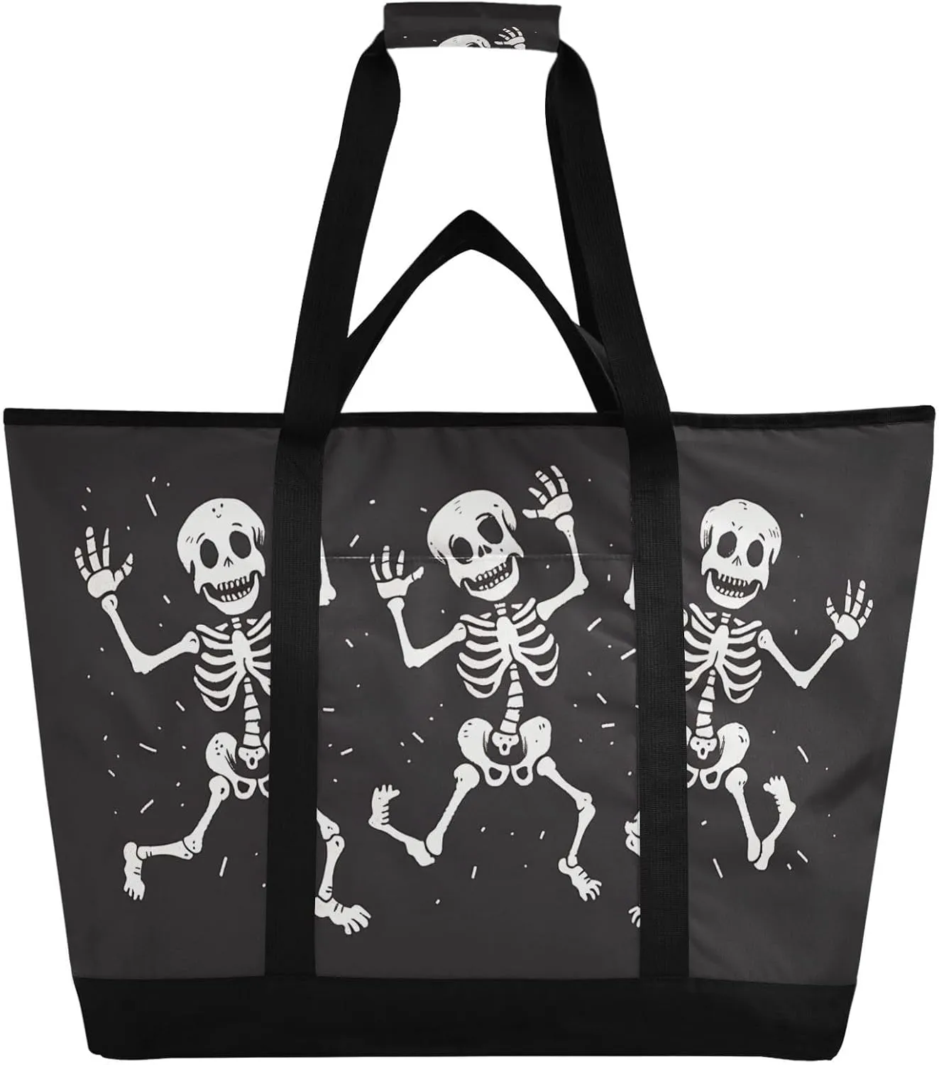 Large Insulated Tote Bag Funny Dancing Skeletons Halloween for Grocery Shopping Reusable Tote Bags for Women Men, Cooler Bag with Zippered Top & Handles for Beach Picnic Travel