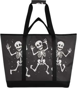 Large Insulated Tote Bag Funny Dancing Skeletons Halloween for Grocery Shopping Reusable Tote Bags for Women Men, Cooler Bag with Zippered Top & Handles for Beach Picnic Travel