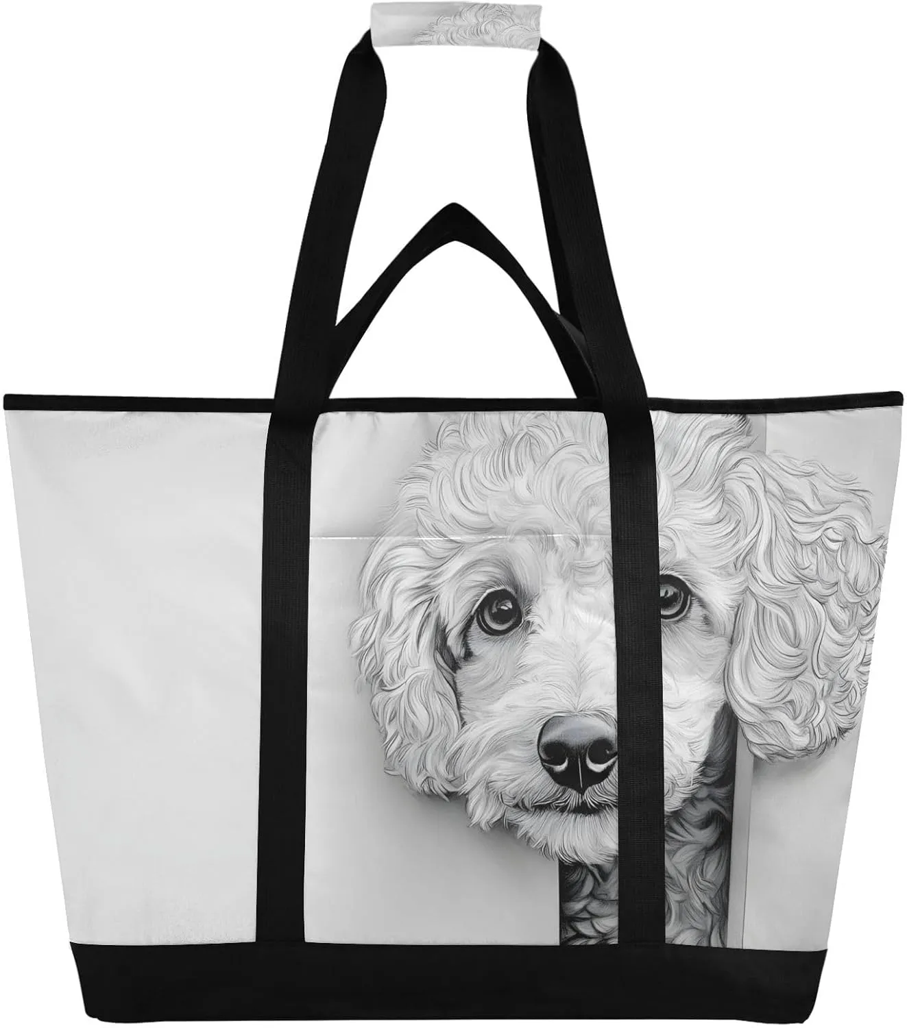 Large Insulated Tote Bag Funny Dog Peeking for Grocery Shopping Reusable Tote Bags for Women Men, Cooler Bag with Zippered Top & Handles for Beach Picnic Travel