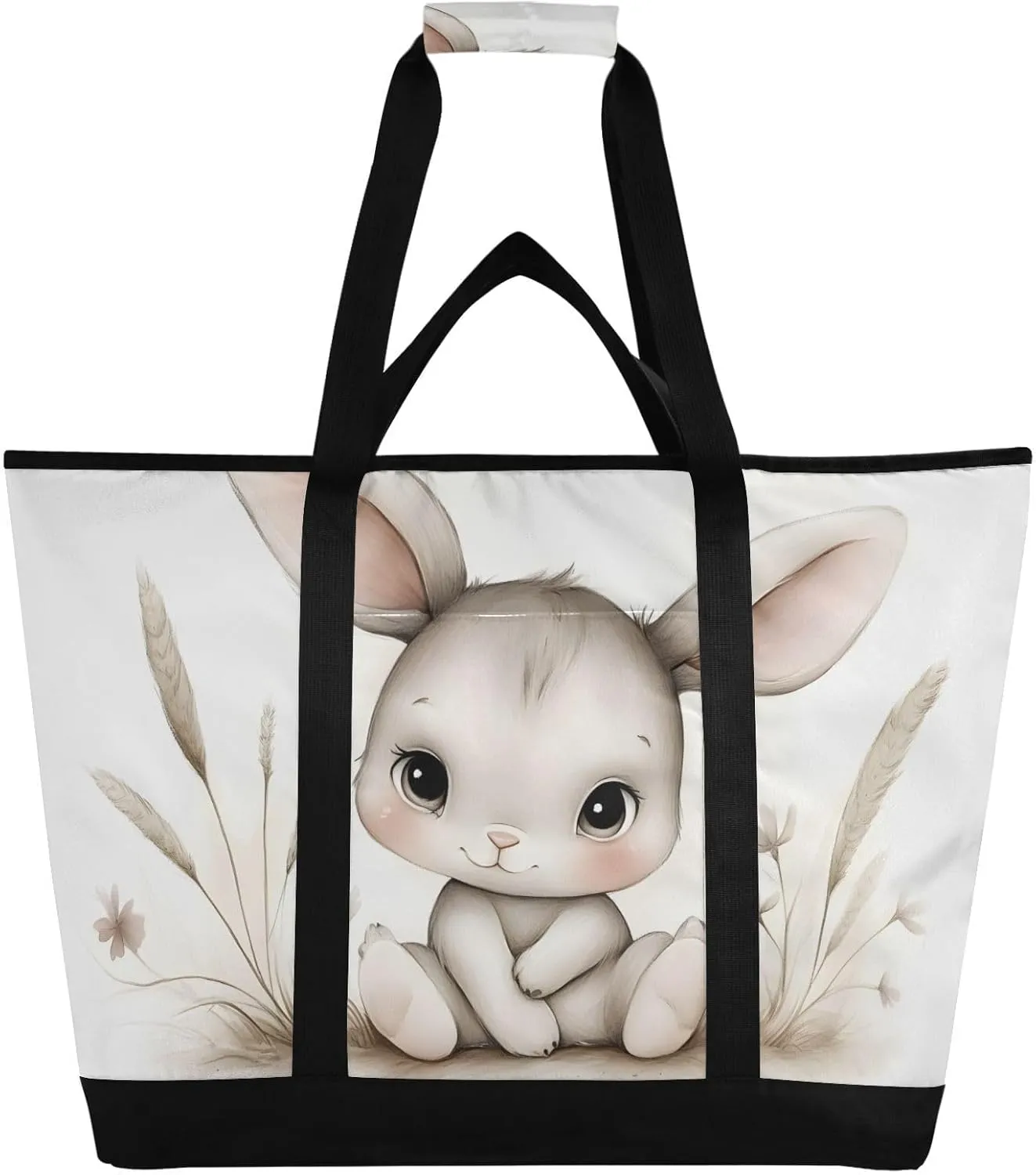 Large Insulated Tote Bag Rabbit Cute Grass for Grocery Shopping Reusable Tote Bags for Women Men, Cooler Bag with Zippered Top & Handles for Beach Picnic Travel