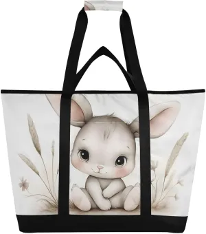 Large Insulated Tote Bag Rabbit Cute Grass for Grocery Shopping Reusable Tote Bags for Women Men, Cooler Bag with Zippered Top & Handles for Beach Picnic Travel