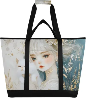 Large Insulated Tote Bag Woman Cat Abstract Leaf for Grocery Shopping Reusable Tote Bags for Women Men, Cooler Bag with Zippered Top & Handles for Beach Picnic Travel