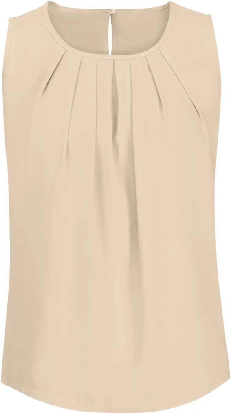 Lastesso Tank Top for Women Summer Vacation Tank Tops Pleated Round Neck Sleeveless Tops Casual Relaxed Fit Flowy Blouses