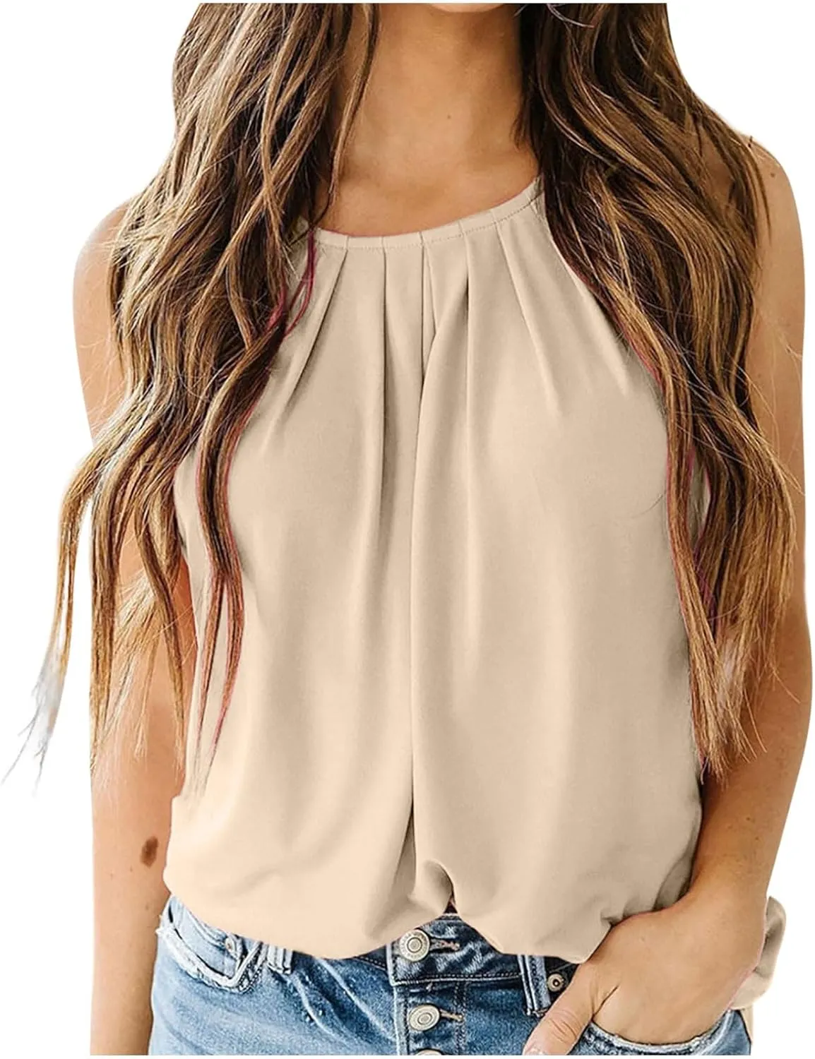Lastesso Tank Top for Women Summer Vacation Tank Tops Pleated Round Neck Sleeveless Tops Casual Relaxed Fit Flowy Blouses